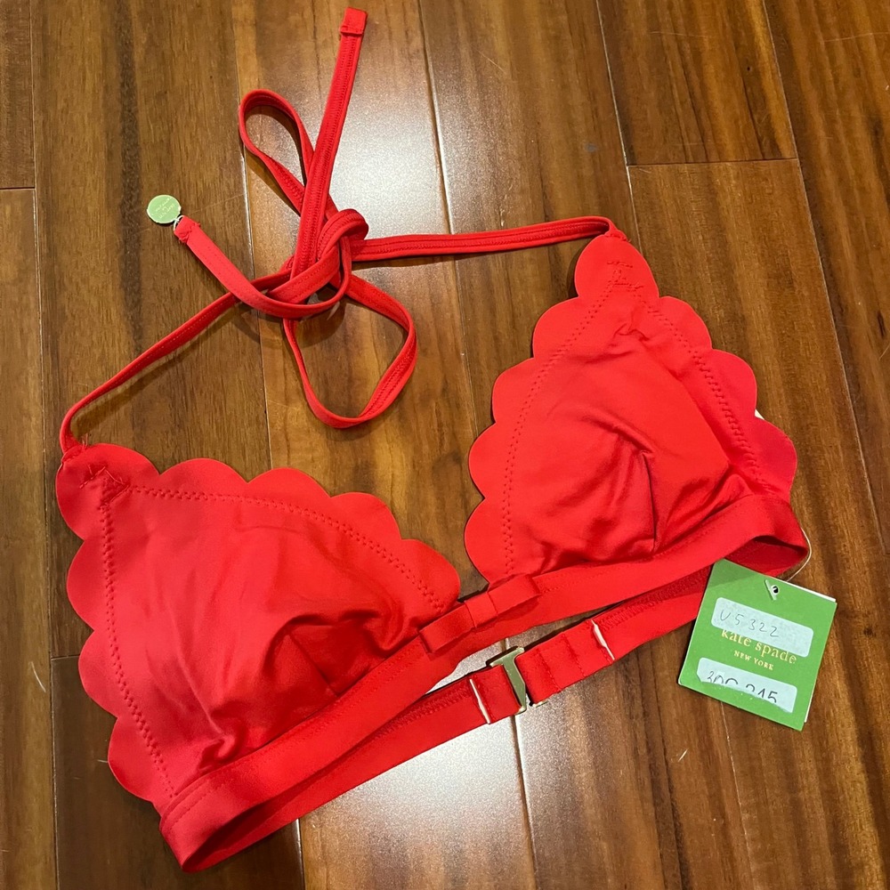 Kate Spade Red Bikini Top Rosa Scalloped Triangle Swim Halter Tie New Size XS